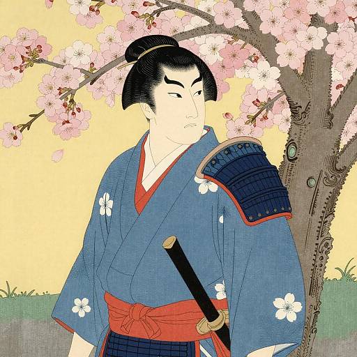 Stern Samurai Under Cherry Blossoms