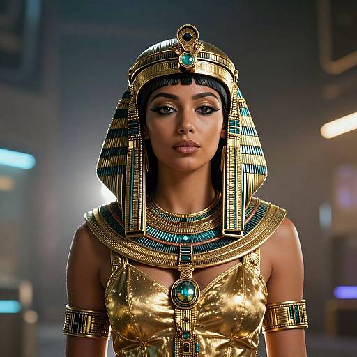 Photorealistic digital artwork of an Egyptian woman with dark skin, wearing a golden headdress, necklace, and dress, with blue gem accents, in