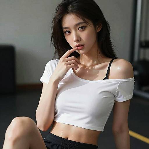 Young Woman in White Crop Top and Gym Shorts