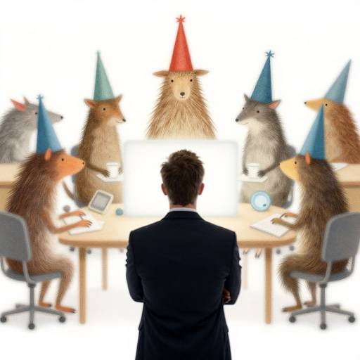 Photograph of a man in a suit facing six cartoon squirrels wearing party hats, seated at a circular table with laptops.