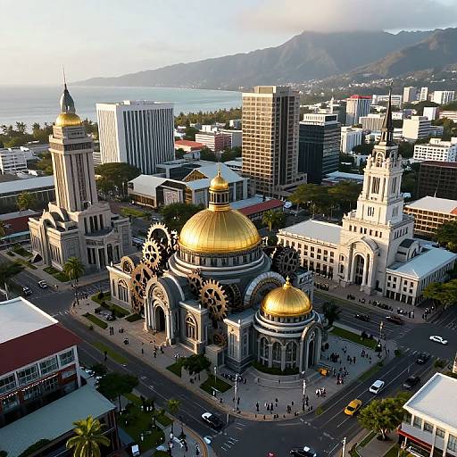 Aerial photograph of a golden-domed, neoclassical church surrounded by modern skyscrapers, located in a coastal city with mountains in the
