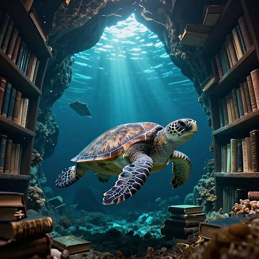 Photorealistic CGI of a sea turtle swimming through an underwater library with sunlight streaming through a rocky archway. Books and coral surround the turtle.