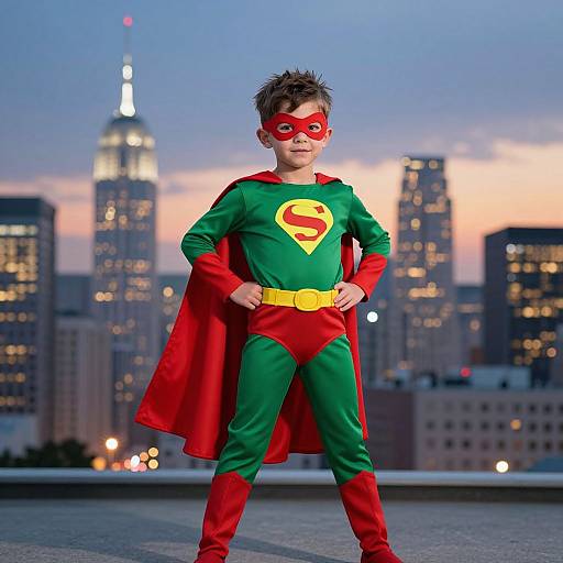 Photograph of a young boy in a Superman costume with red and green outfit, yellow belt, red cape, and mask, standing confidently on a rooftop