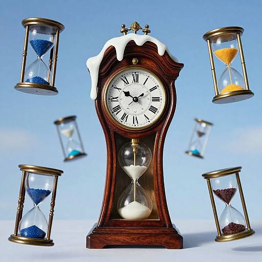 Photograph of a wooden clock with melting white icing, surrounded by six suspended hourglasses, against a blue gradient background.