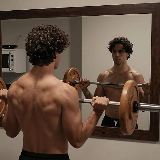 Muscular Man Lifting Weights in Kitchen