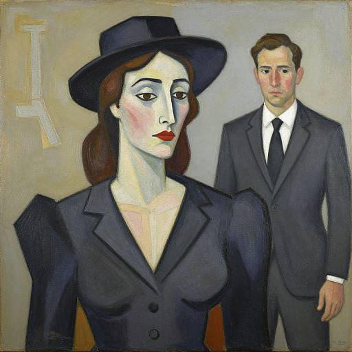 Cubist-style painting of a woman in a black hat and suit, standing next to a man in a suit, both with pale skin and serious