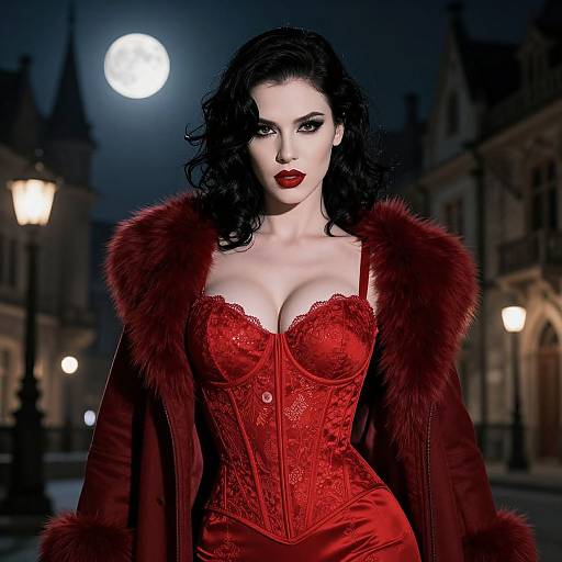 Photograph of a pale-skinned woman with black wavy hair, wearing a red lace corset and fur-trimmed coat, under a full