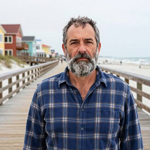 Photograph of a middle-aged man with a gray beard and plaid shirt standing on a wooden boardwalk by colorful beach houses.
