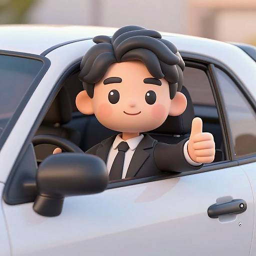 3D cartoon of a smiling man with black hair, wearing a black suit and tie, giving a thumbs-up from a white car window.