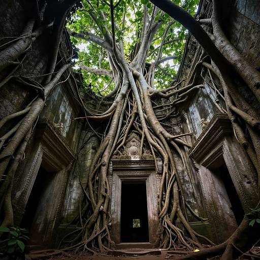 Photograph of ancient, overgrown temple with massive tree roots wrapping around dark, weathered stone walls and doorway, bright green leaves filtering sunlight above.
