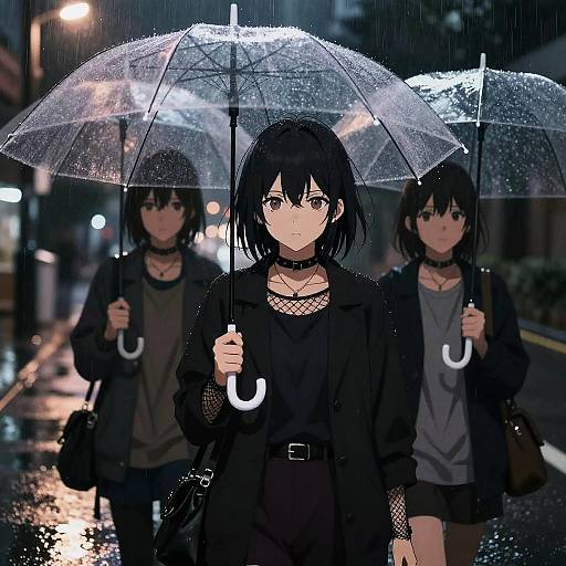 Digital anime-style drawing of three women in black raincoats and chokers, holding transparent umbrellas, walking in a rainy city street at night.