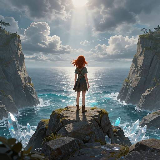 Digital art: Red-haired girl in black dress stands on rocky cliff, facing glowing crystal-filled ocean between towering cliffs, sunlight piercing cloudy sky.