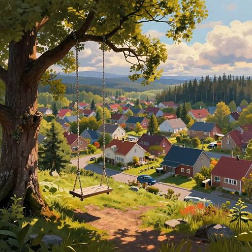 Sunlit village scene with a tree swing in the foreground, red-roofed houses, green fields, and a cloudy sky in the background. Digital