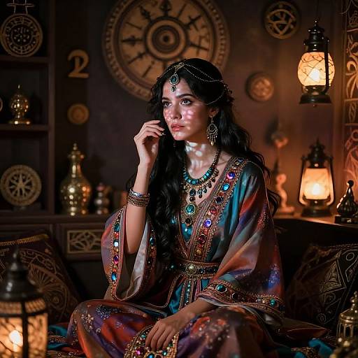 Photorealistic digital artwork of a beautiful woman with long black hair, wearing a colorful, ornately embroidered traditional dress, adorned with jewelry, sitting in