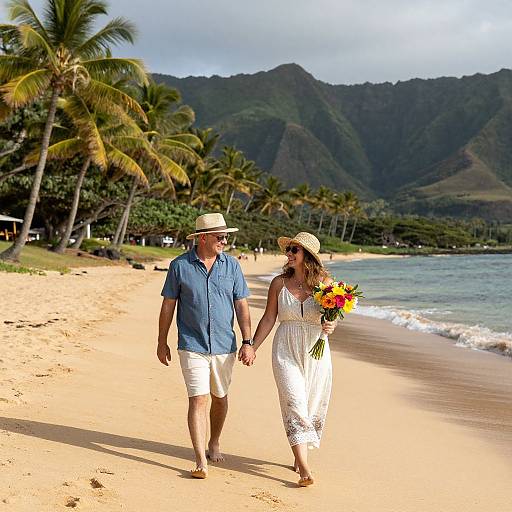 Photograph of a couple holding hands on a sunny tropical beach, with palm trees, mountains, and ocean in the background. The woman wears a white