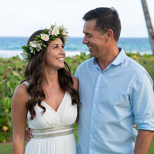 Photograph of a smiling couple standing outdoors; woman in a white dress and flower crown, man in light blue shirt, with ocean and greenery in