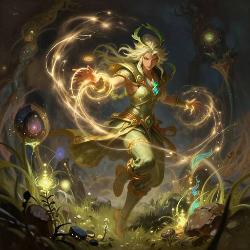 Digital fantasy artwork: A blonde, green-clad, armored mage with glowing eyes and necklace, conjuring magical fire in a dark, enchanted forest.