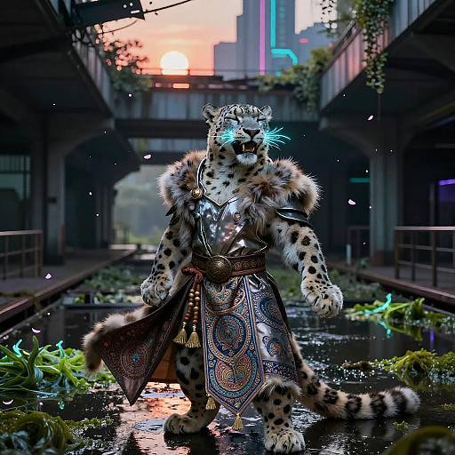 Masked Snow Leopard Spirit in Neon Subway