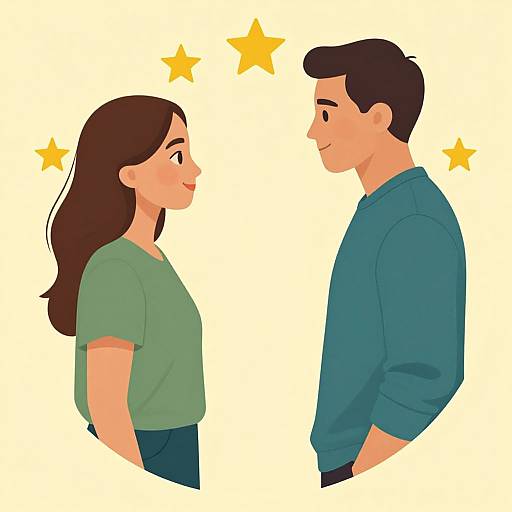 Digital illustration of a smiling couple facing each other, both with light skin tones, brown hair, wearing green and blue shirts, against a yellow starry