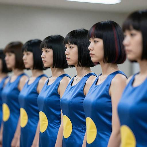 Row of Asian Women in Blue Dresses