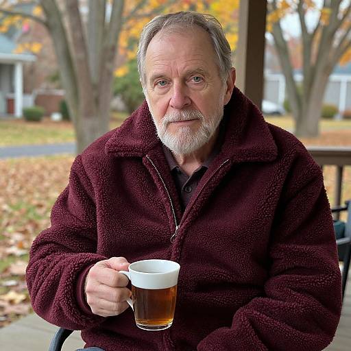 Photograph of an older white man with gray hair and beard, wearing a maroon fleece jacket, holding a beer mug, seated outdoors in autumn.