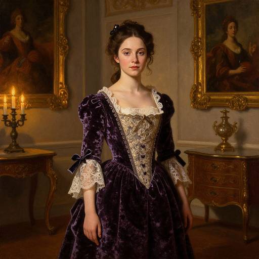 Photograph-style digital artwork of a pale-skinned, dark-haired woman in a Victorian-style, dark purple velvet gown with lace trim, standing in a