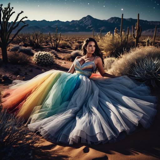 Glamorous Model in Rainbow Gown in Desert