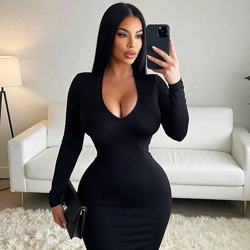 Photograph of a curvy woman with long black hair, wearing a tight black dress with a deep neckline, taking a selfie in a modern living room