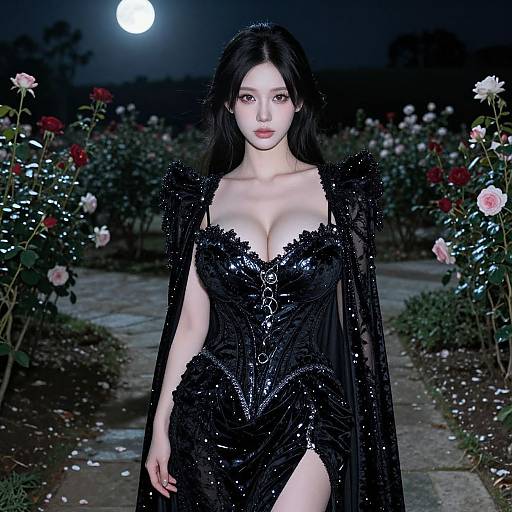 Photograph of an Asian woman with long black hair, wearing a revealing, black sequined gown with a high slit, standing in a moonlit garden