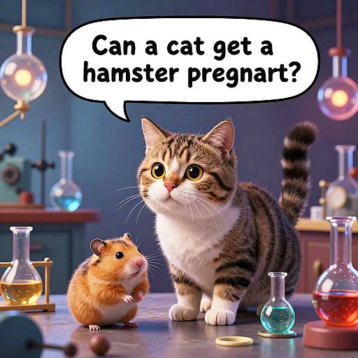 Photorealistic CGI of a curious tabby cat and hamster in a laboratory, with speech bubble: 