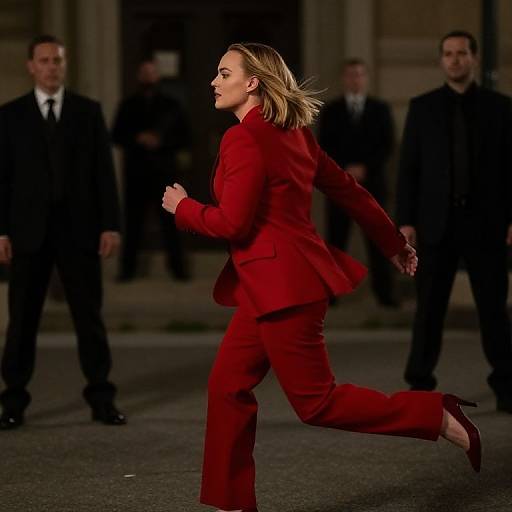 Woman in Red Suit Running at Night