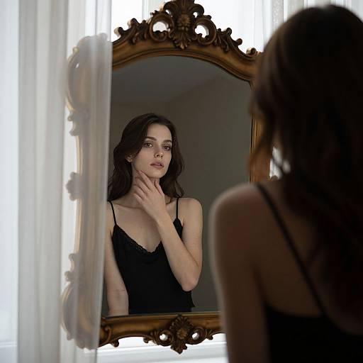 Photograph of a dark-haired woman in a black lace camisole, standing before an ornate, gold-framed mirror, gently touching her chin