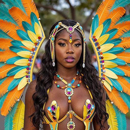 Photograph of a Black woman with dark skin, long wavy black hair, wearing vibrant orange and blue feathered wings, gold and turquoise jewelry,