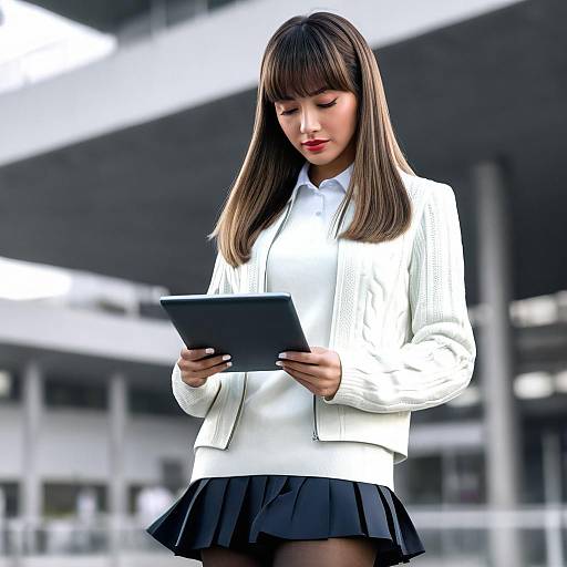 Photograph of an Asian woman with straight brown hair, wearing a white blazer, black skirt, and holding a tablet, standing in a modern,