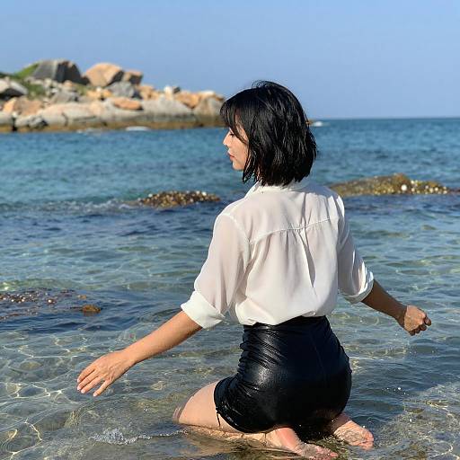 Kneeling Woman in Blue Ocean Waters