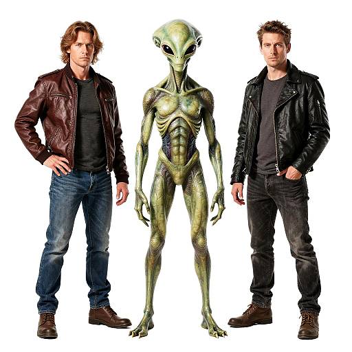 Two Men Standing with Alien Figure