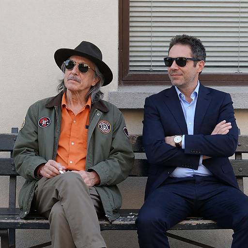 Relaxed Conversation on a Weathered Bench