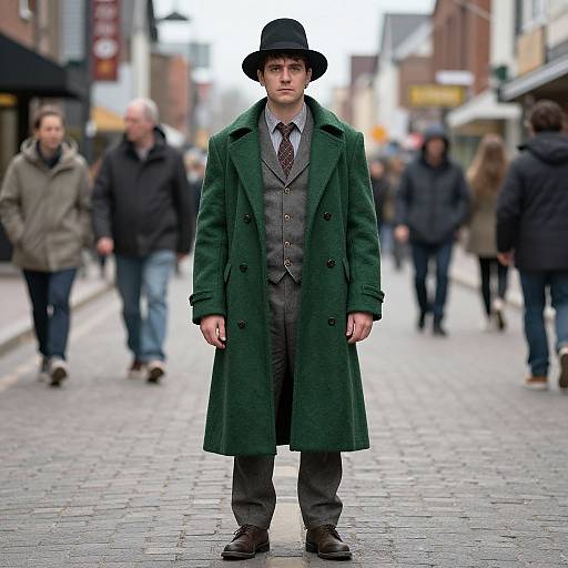 Photograph of a young man in a dark green overcoat, black hat, gray suit, and tie, standing on a blurred urban street with pedestrians