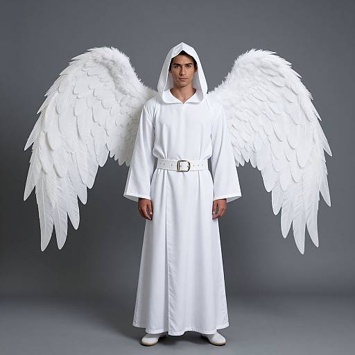 Photograph of a man with white angel wings, wearing a white hooded robe and white shoes, standing against a gray background.