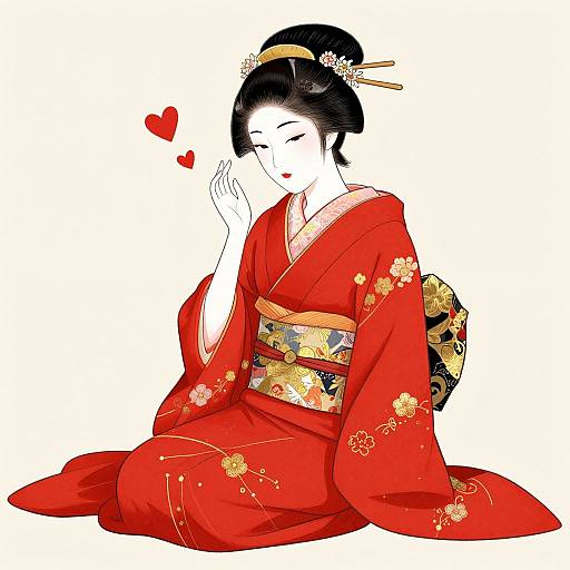 Digital illustration of a serene Japanese woman in a vibrant red kimono, adorned with floral patterns, sitting and blushing with a hand to her cheek and