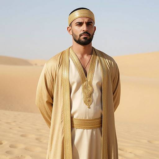 Photograph of a bearded Middle Eastern man with a black headband, wearing a gold-embroidered cream robe, standing in a desert with