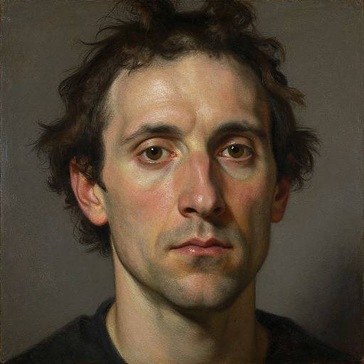 Photorealistic oil painting of a somber-faced, pale-skinned man with curly dark hair, brown eyes, and subtle facial features against a dark
