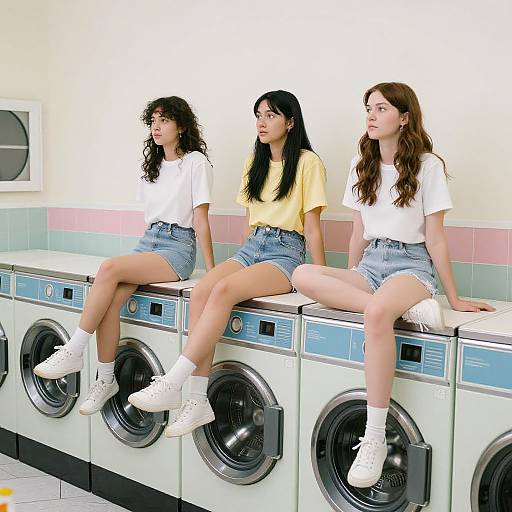 Photograph of three young women with long hair, wearing white t-shirts and denim shorts, sitting on a row of front-loading washing machines in a brightly