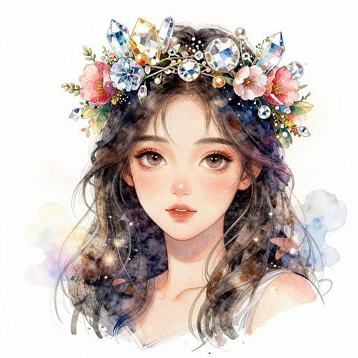 Digital watercolor portrait of a young woman with fair skin, large brown eyes, and wavy dark hair, wearing a colorful flower crown.
