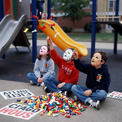 Photograph of three children with face masks, sitting on a playground, playing with scattered LEGO pieces, throwing LEGO bricks at a yellow slide, with protest