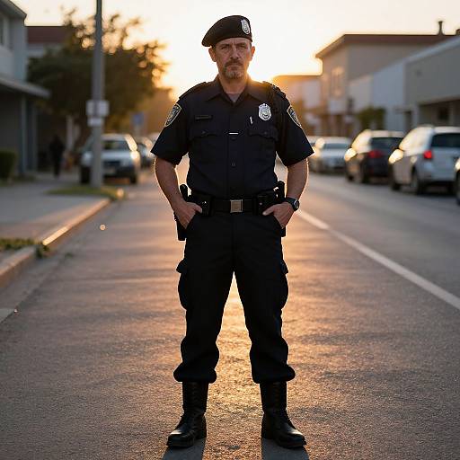Photograph of a male police officer standing on a sunlit street, hands in pockets, backlit by the setting sun, wearing dark uniform and cap