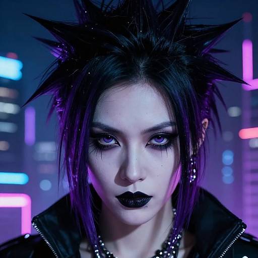 Cyberpunk portrait of a pale, intense-eyed woman with spiked black hair, purple highlights, heavy black makeup, and neon-lit cityscape background