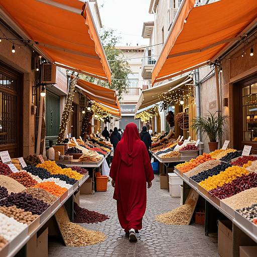 Photograph of a vibrant outdoor market with a woman in a red hijab walking down a cobblestone aisle, surrounded by colorful spice displays under orange