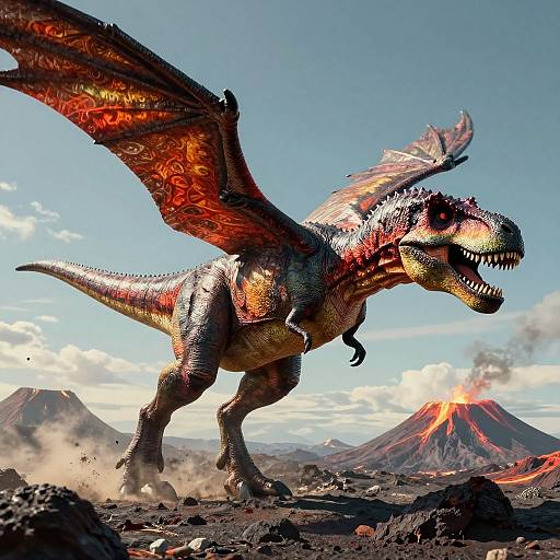 CGI rendering of a fiery, detailed red and black dinosaur with wings roaring in a volcanic landscape with erupting mountains and a cloudy sky.