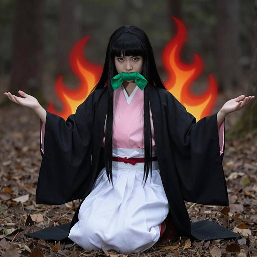 Cosplayer in Kimono with Flames Background